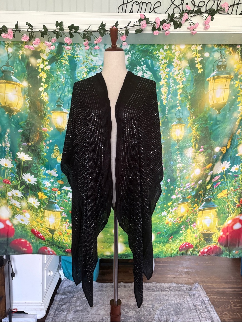 Andrew Marc Black Sequin Open-Front Poncho Shrug